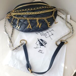 Black Quilted Leather Bumbum Bag With Gold Chain & Cc Pattern